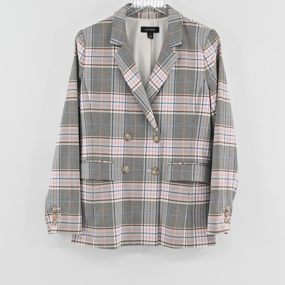 Halogen Double Breasted Plaid Blazer Womens Size M Windowpane Preppy Workwear